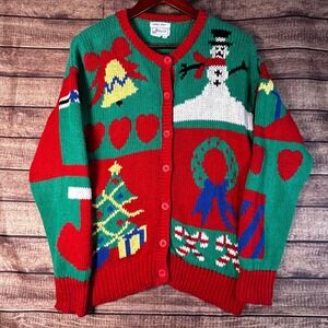 Windcrest Vintage Hand Knit Christmas Cardigan Sweater Red Green Snowman Large